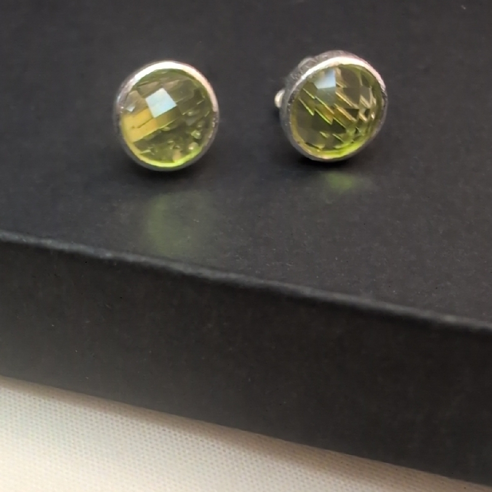 Modern Green and  Sterling Silver, Peridot Stud Earrings. August Birthstone